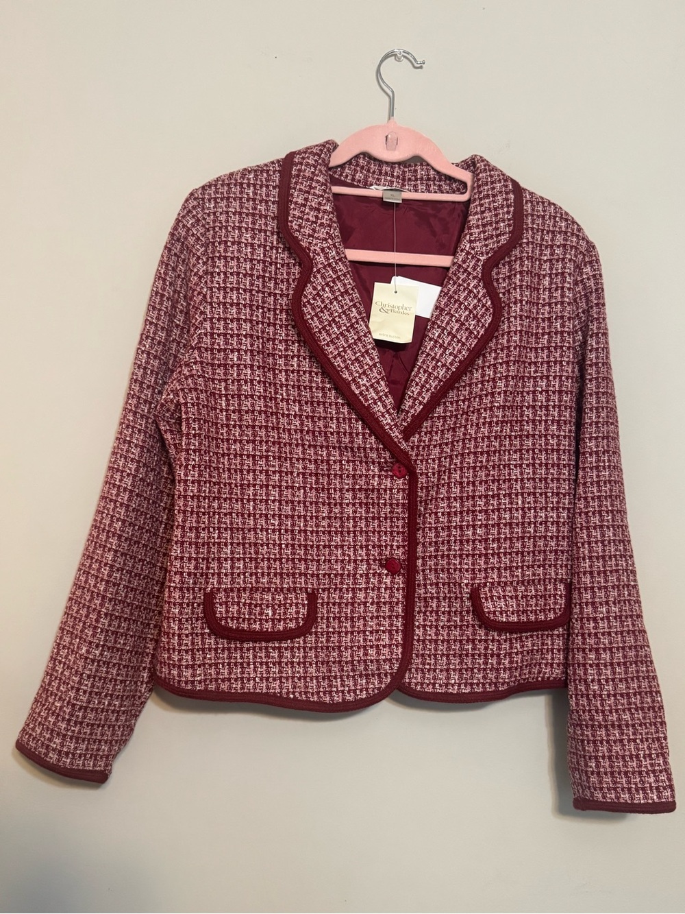 Christopher & Banks Pink Tweed Blazer with Burgundy Trim Sz XL